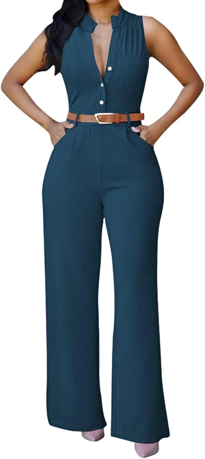 Pink Queen Women Jumpsuits V Neck Button Down Sleeveless Wide Leg Long Pants Romper