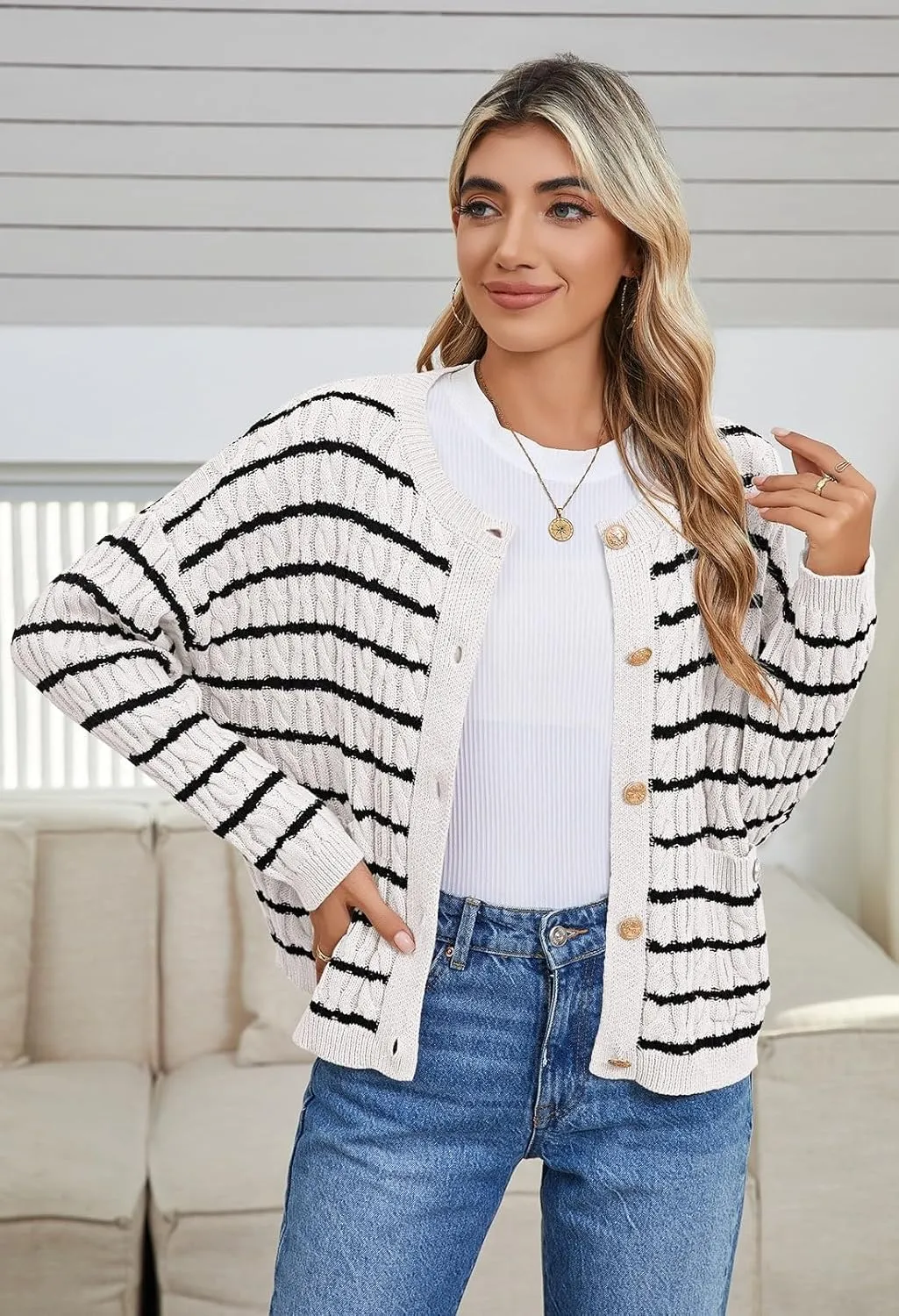 Pink Queen Women's Cable Knit Sweater Cardigan 2024 Fall Long Sleeve Crewneck Button Down Stripe Loose Cardigans Outerwear