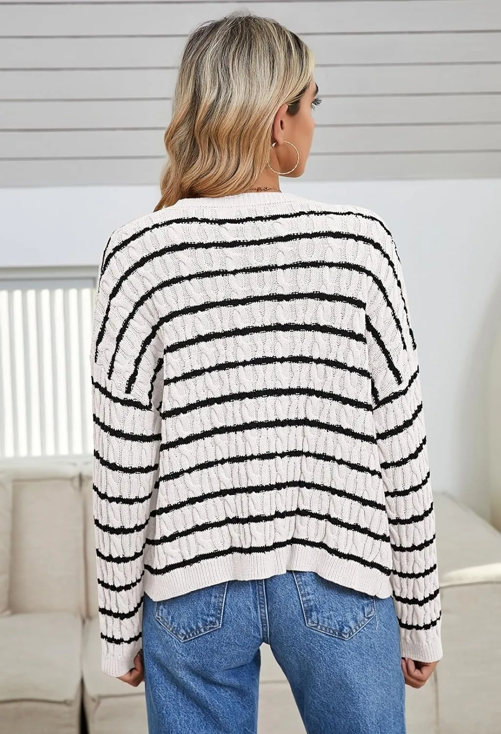 Pink Queen Women's Cable Knit Sweater Cardigan 2024 Fall Long Sleeve Crewneck Button Down Stripe Loose Cardigans Outerwear