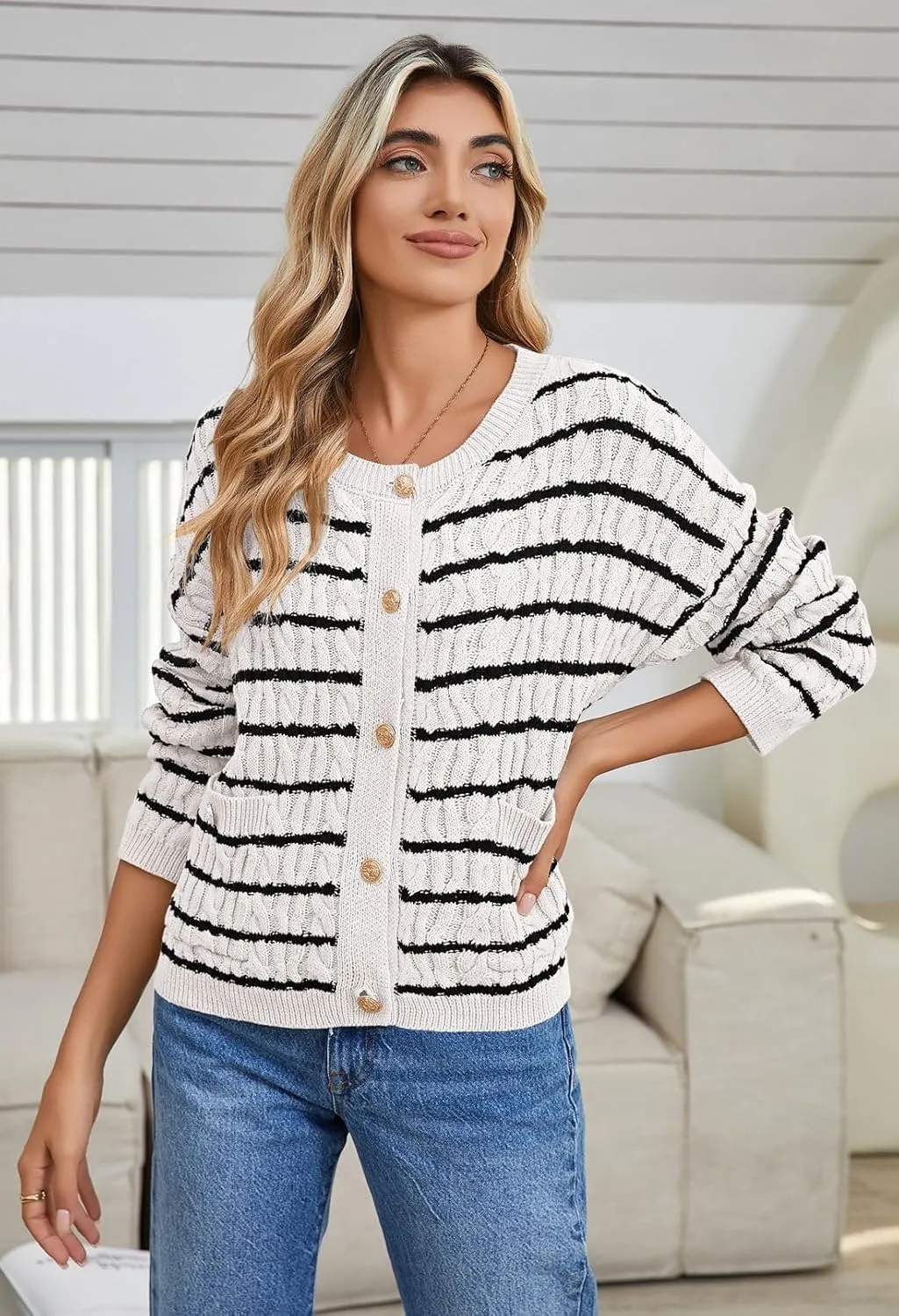 Pink Queen Women's Cable Knit Sweater Cardigan 2024 Fall Long Sleeve Crewneck Button Down Stripe Loose Cardigans Outerwear