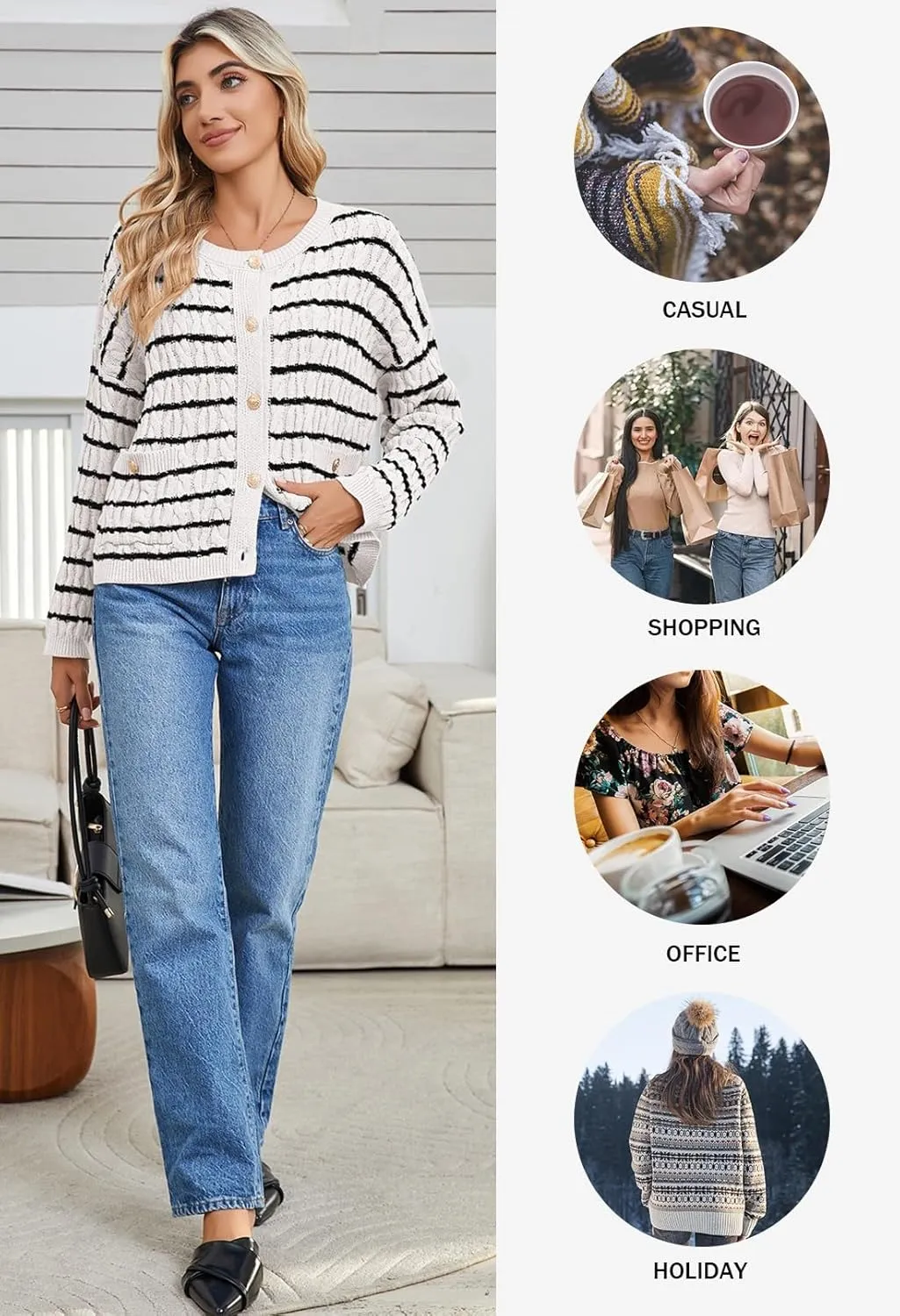 Pink Queen Women's Cable Knit Sweater Cardigan 2024 Fall Long Sleeve Crewneck Button Down Stripe Loose Cardigans Outerwear