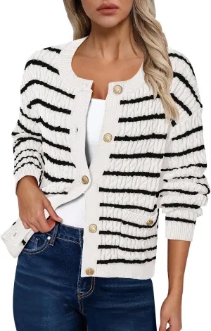 Pink Queen Women's Cable Knit Sweater Cardigan 2024 Fall Long Sleeve Crewneck Button Down Stripe Loose Cardigans Outerwear
