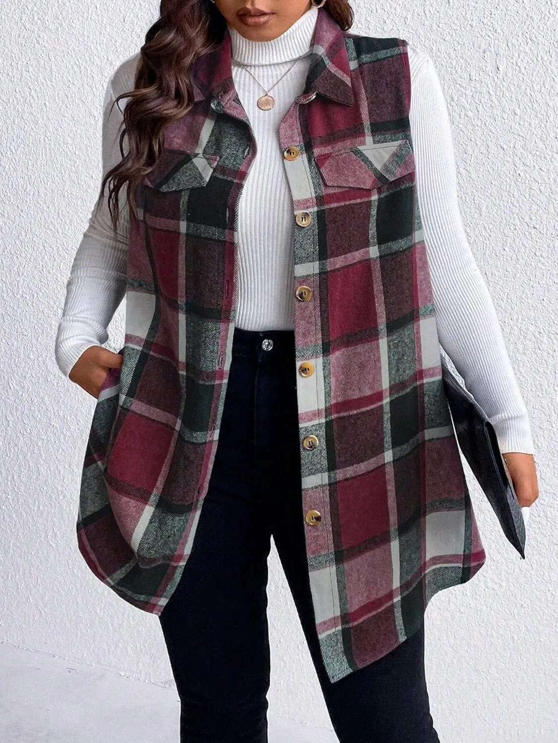Plaid Vest for Women 2024 Trendy Casual Sleeveless Flannel Shirt Jacket Loose Lapel Button Down Coat with Pockets