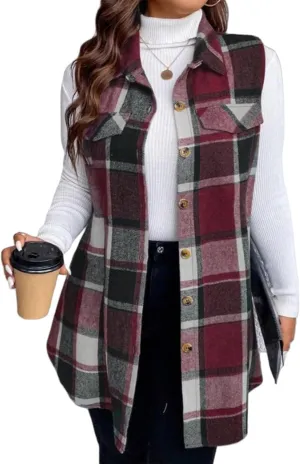 Plaid Vest for Women 2024 Trendy Casual Sleeveless Flannel Shirt Jacket Loose Lapel Button Down Coat with Pockets