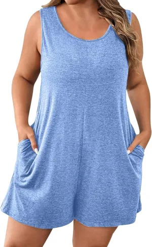 Plus Size Jumpsuits For Women Summer Cute Sleeveless Baggy Wide Leg Romper Comfy Scoop Neck Beach Jumpers 2025 Trendy Outfits