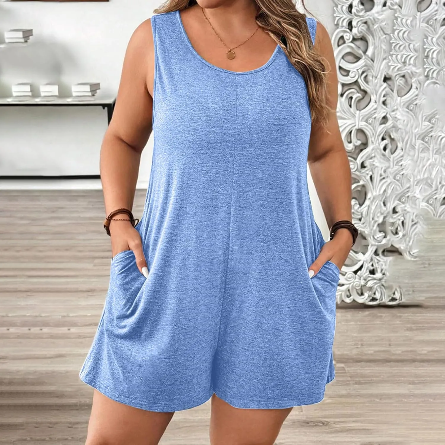 Plus Size Jumpsuits For Women Summer Cute Sleeveless Baggy Wide Leg Romper Comfy Scoop Neck Beach Jumpers 2025 Trendy Outfits