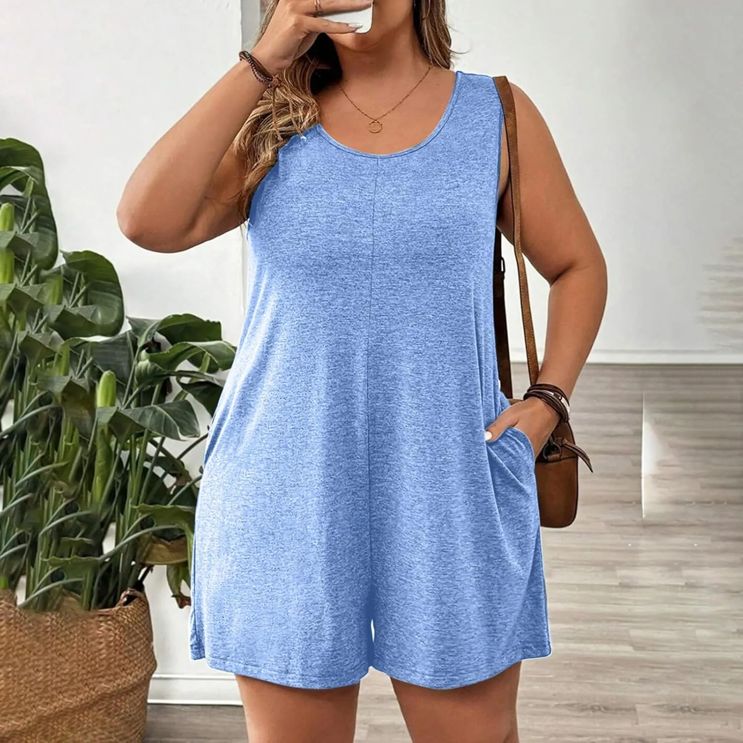 Plus Size Jumpsuits For Women Summer Cute Sleeveless Baggy Wide Leg Romper Comfy Scoop Neck Beach Jumpers 2025 Trendy Outfits