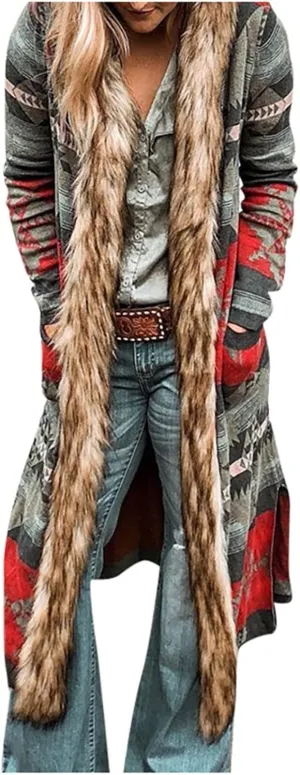 Plus Size Overcoat with Fur Hood Winter Coats for Women Windproof Outerwear Furry Jackets Ethnic Style Trench Coat