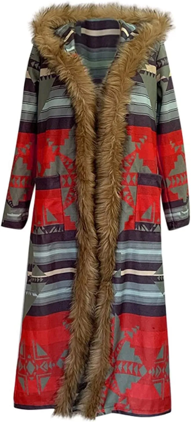 Plus Size Overcoat with Fur Hood Winter Coats for Women Windproof Outerwear Furry Jackets Ethnic Style Trench Coat