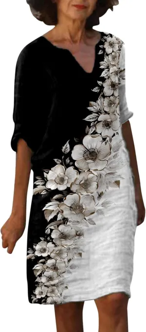 PTOLOCIF Casual Dresses for Women,2024 Trendy Summer Linen Dress 3/4 Sleeve V Neck Short Dresses Knee Length Shift Dress