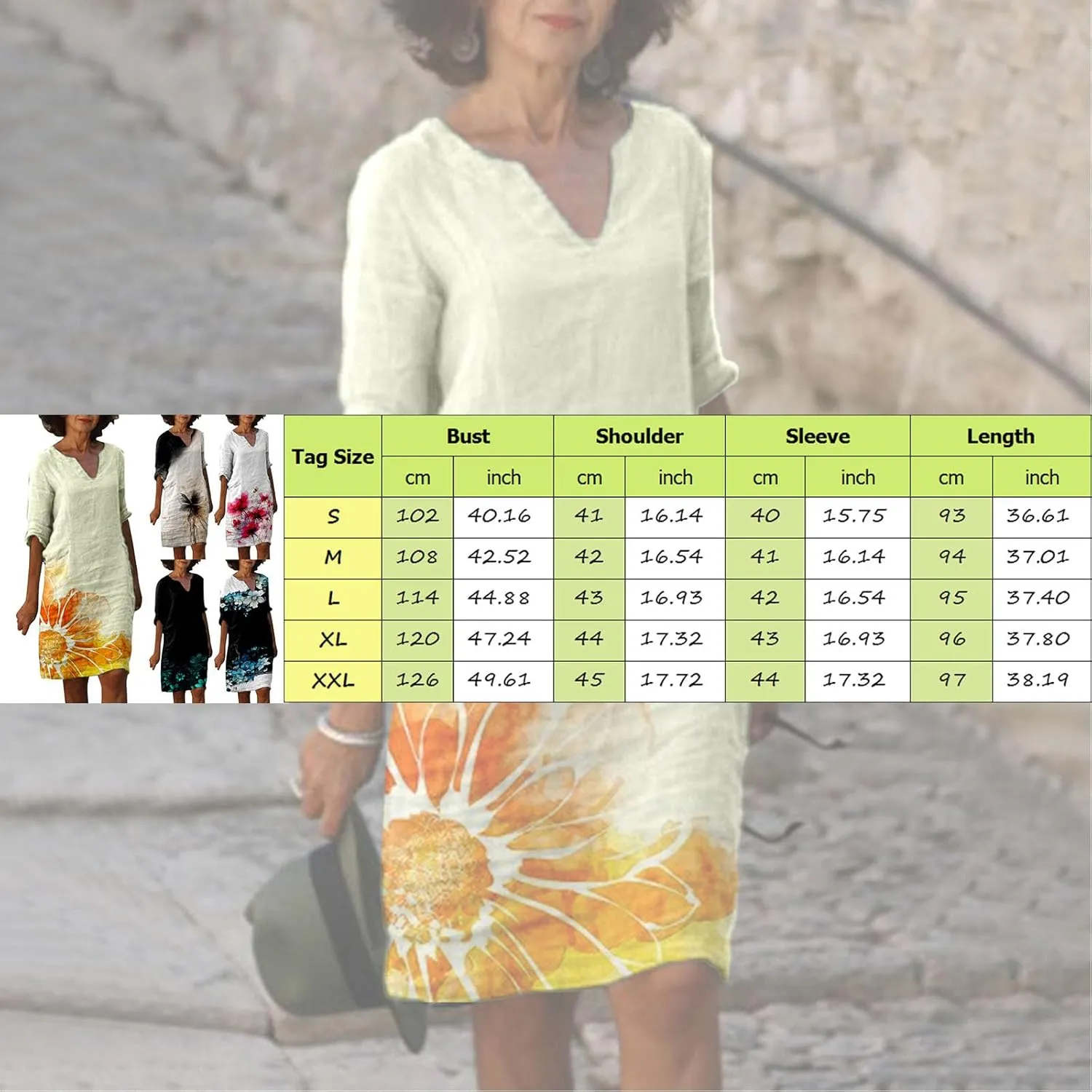 PTOLOCIF Casual Dresses for Women,2024 Trendy Summer Linen Dress 3/4 Sleeve V Neck Short Dresses Knee Length Shift Dress