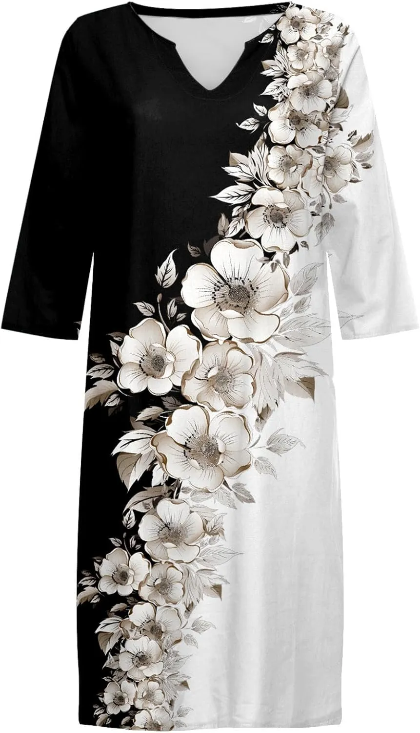 PTOLOCIF Casual Dresses for Women,2024 Trendy Summer Linen Dress 3/4 Sleeve V Neck Short Dresses Knee Length Shift Dress