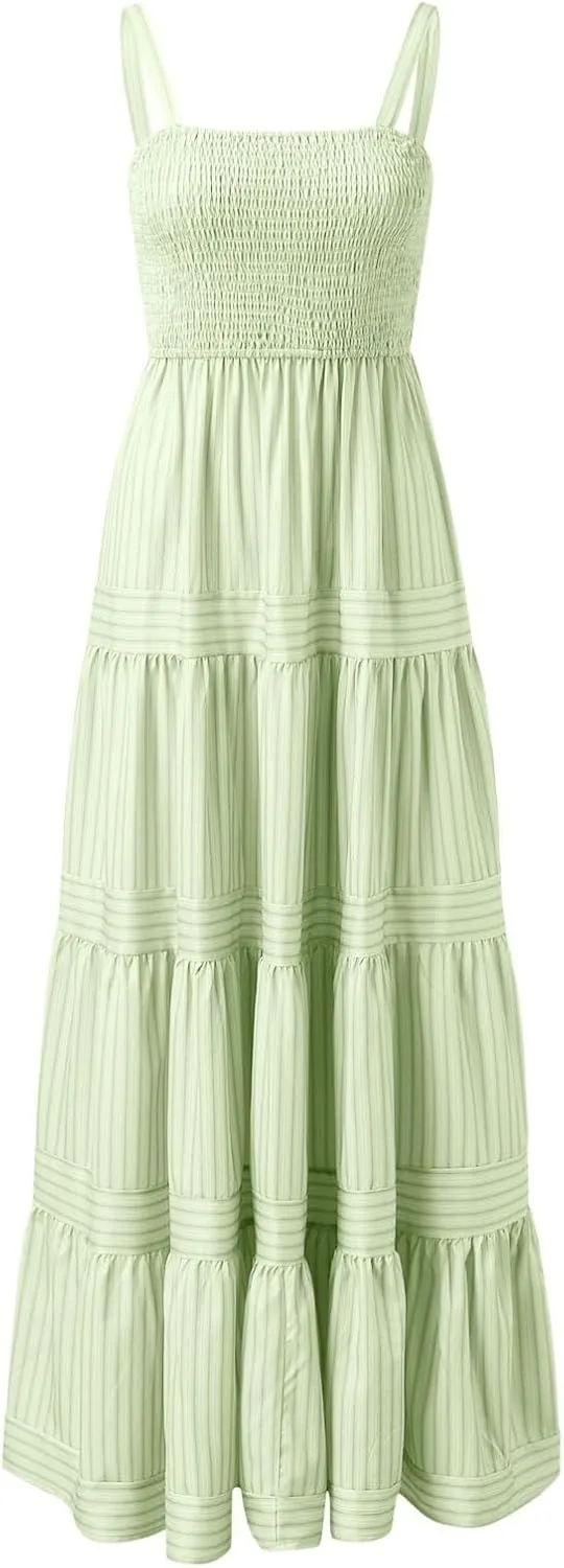 PTOLOCIF New Bohemian Style Strap Stripe Long Dress for Women Summer Wear Dress with Sleeves V Neck