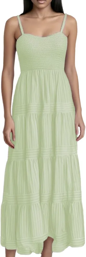 PTOLOCIF New Bohemian Style Strap Stripe Long Dress for Women Summer Wear Dress with Sleeves V Neck