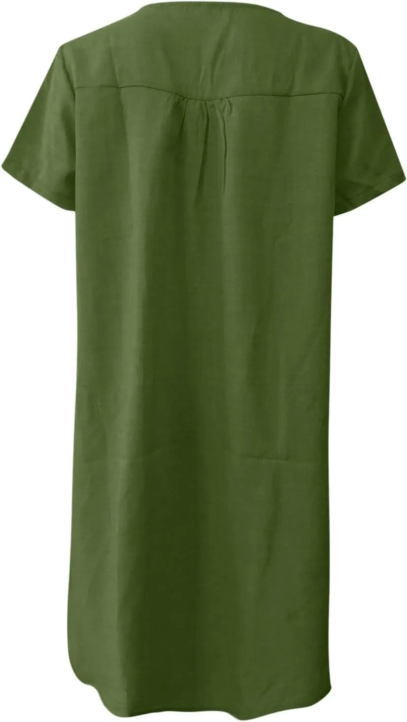 PTOLOCIF Summer Dresses for Women Soft Cotton Linen Shift Dress Casual V Neck Short Sleeve Plain T Shirt Sundresses