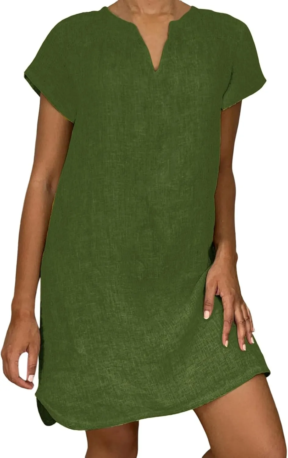 PTOLOCIF Summer Dresses for Women Soft Cotton Linen Shift Dress Casual V Neck Short Sleeve Plain T Shirt Sundresses