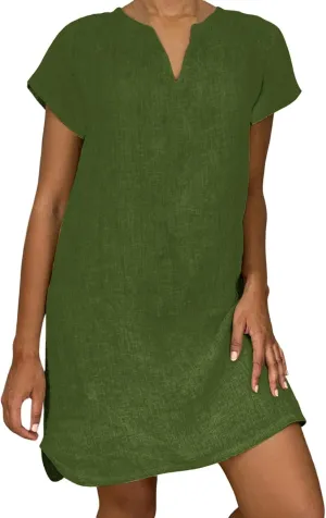 PTOLOCIF Summer Dresses for Women Soft Cotton Linen Shift Dress Casual V Neck Short Sleeve Plain T Shirt Sundresses