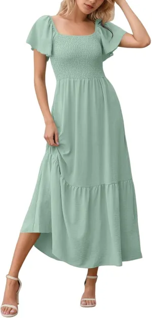PTOLOCIF Summer Maxi Dresses for Women 2025 Elegant Cap Sleeve Long Party Dresses Square Neck Smocked a Line Flowy Sundresses