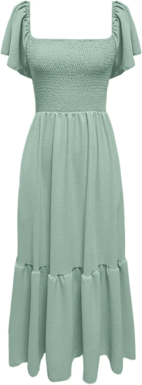 PTOLOCIF Summer Maxi Dresses for Women 2025 Elegant Cap Sleeve Long Party Dresses Square Neck Smocked a Line Flowy Sundresses