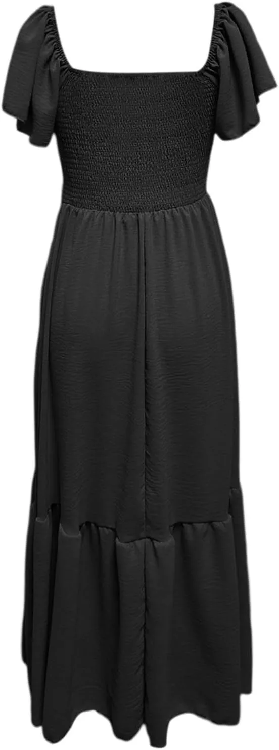 PTOLOCIF Summer Maxi Dresses for Women 2025 Elegant Cap Sleeve Long Party Dresses Square Neck Smocked a Line Flowy Sundresses
