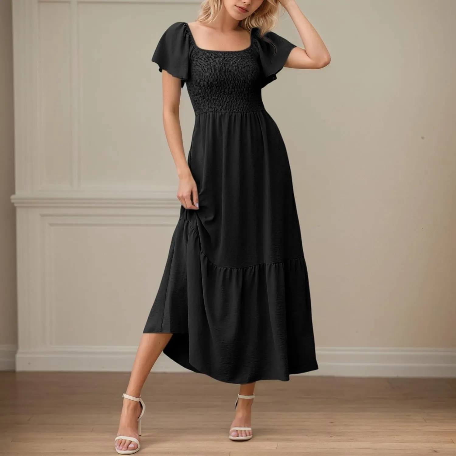 PTOLOCIF Summer Maxi Dresses for Women 2025 Elegant Cap Sleeve Long Party Dresses Square Neck Smocked a Line Flowy Sundresses