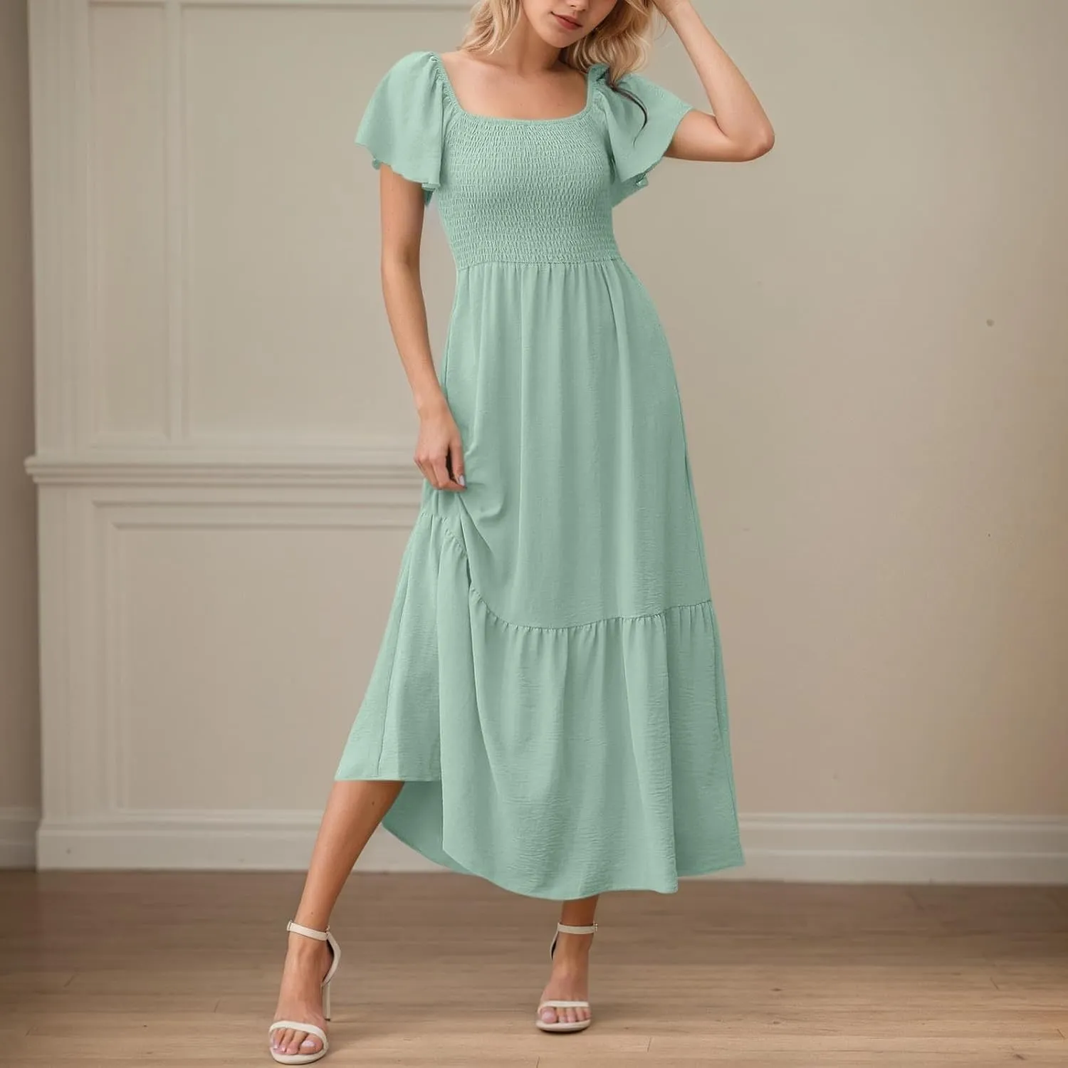 PTOLOCIF Summer Maxi Dresses for Women 2025 Elegant Cap Sleeve Long Party Dresses Square Neck Smocked a Line Flowy Sundresses