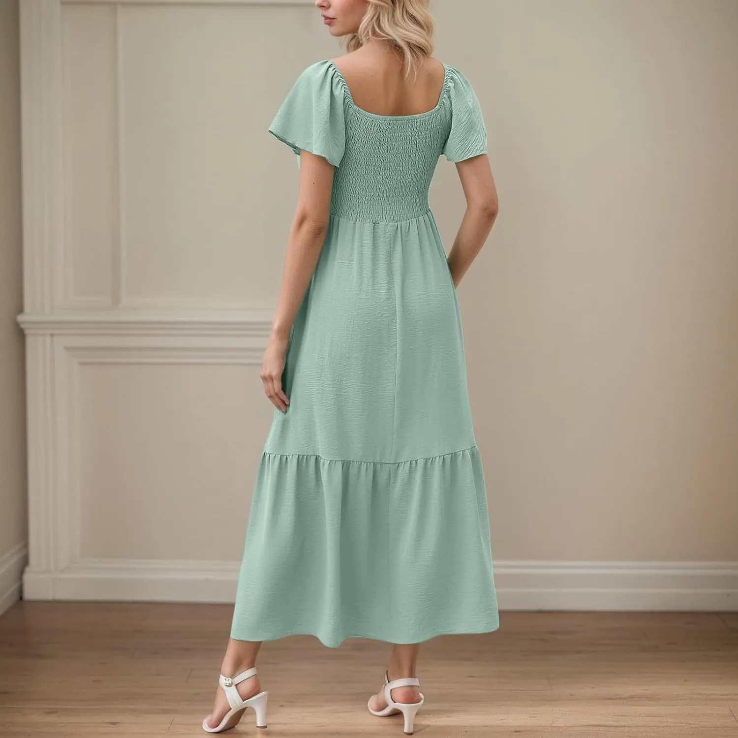 PTOLOCIF Summer Maxi Dresses for Women 2025 Elegant Cap Sleeve Long Party Dresses Square Neck Smocked a Line Flowy Sundresses