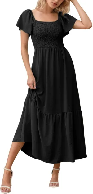 PTOLOCIF Summer Maxi Dresses for Women 2025 Elegant Cap Sleeve Long Party Dresses Square Neck Smocked a Line Flowy Sundresses