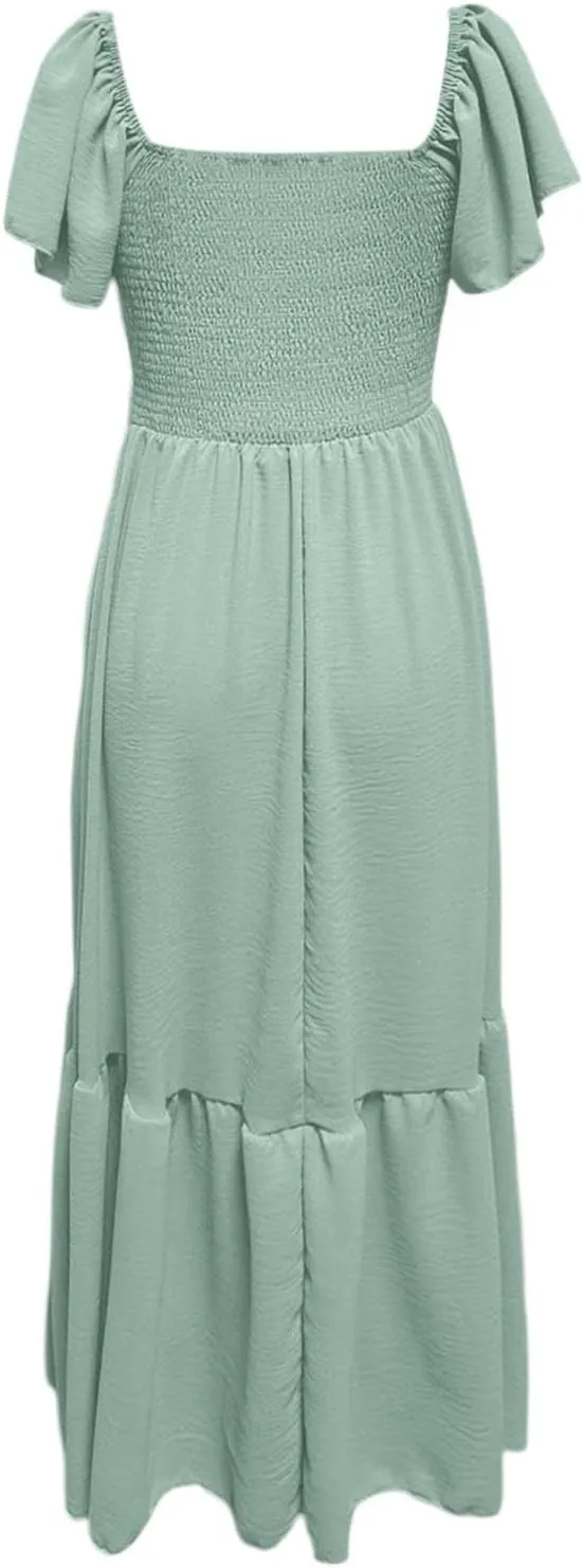 PTOLOCIF Summer Maxi Dresses for Women 2025 Elegant Cap Sleeve Long Party Dresses Square Neck Smocked a Line Flowy Sundresses