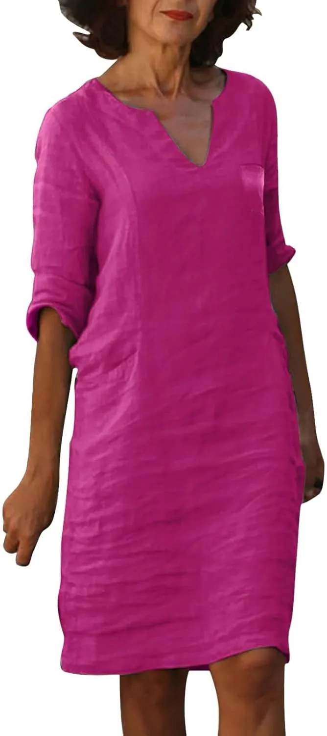 PTOLOCIF Womens Cotton Linen Shirt Dresses Casual V Neck Tunic Mini Dress 3/4 Loose Sleeve Shift Sundress Vacation Outfits 1