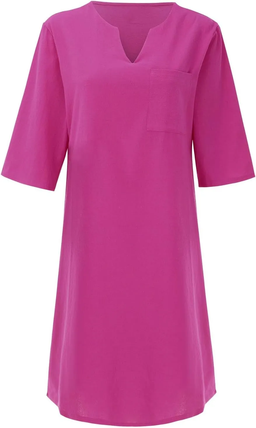 PTOLOCIF Womens Cotton Linen Shirt Dresses Casual V Neck Tunic Mini Dress 3/4 Loose Sleeve Shift Sundress Vacation Outfits 1