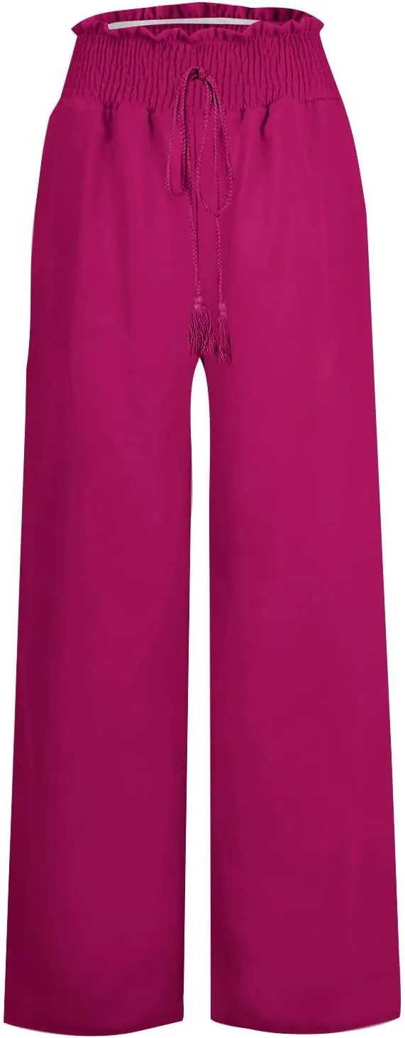 Qeaghou Womens Wide Leg Pants Dressy Casual Palazzo Pants Summer High Waisted Comfy Flowy Pants Trouser Style Lounge Pants