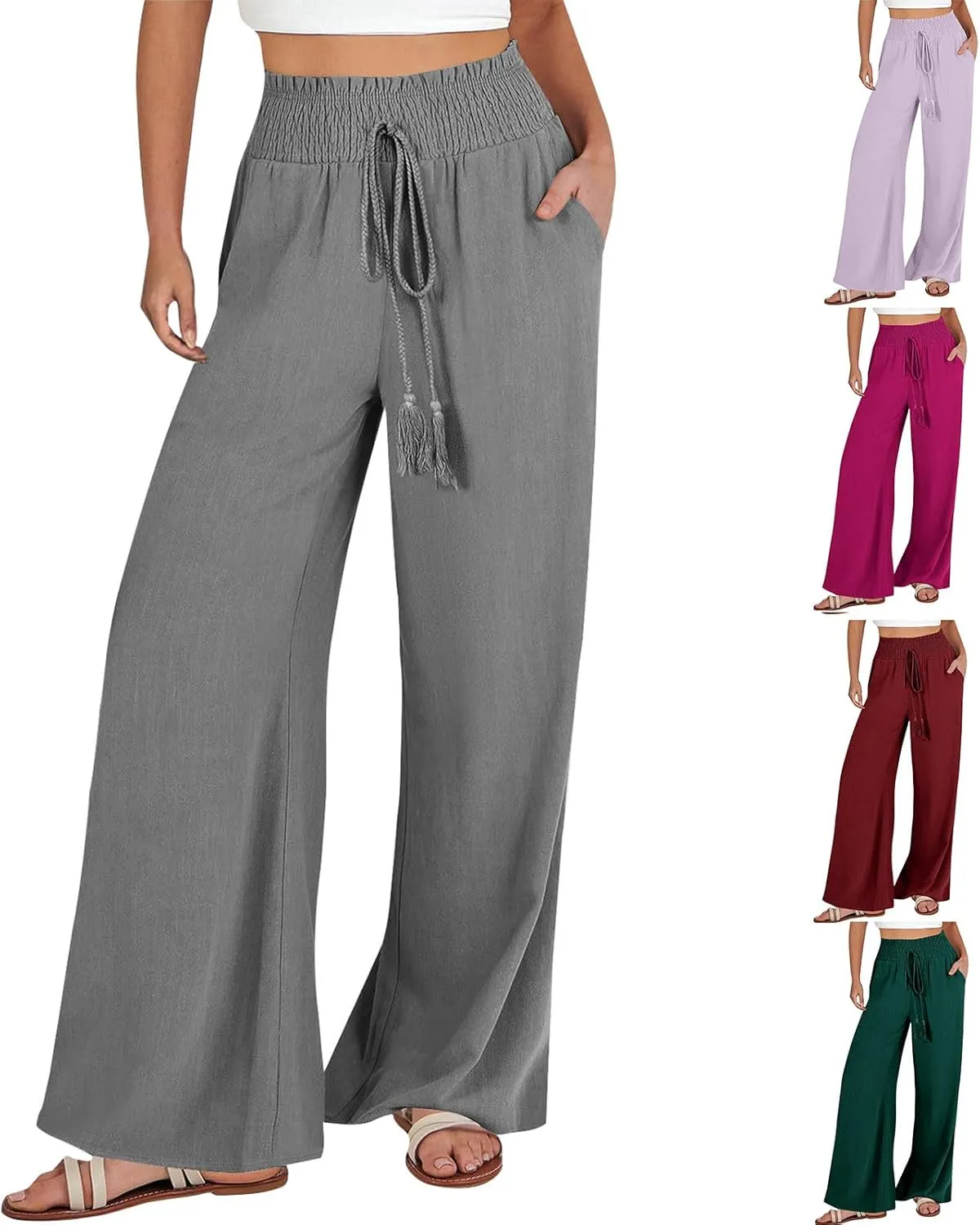 Qeaghou Womens Wide Leg Pants Dressy Casual Palazzo Pants Summer High Waisted Comfy Flowy Pants Trouser Style Lounge Pants
