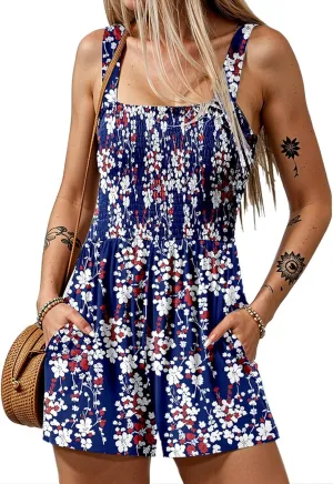 Rompers for Women 2025 Summer Boho Floral Shorts Jumpsuit With Pockets Casual Smocked Sleeveless Beach Travel Outfits