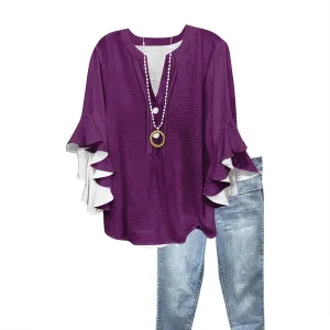 Ruffle 3/4 Length Sleeve Womens Tops,Summer Button V Neck Shirts Vintage Blouse Casual Loose Tunic Tops Graphic Tees