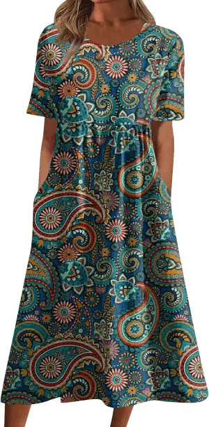 Segaven Dresses for Women 2024 Printed Round Neck Long Dresses Pocket Pleated Dresses Short Sleeve Casual Maxi Dress