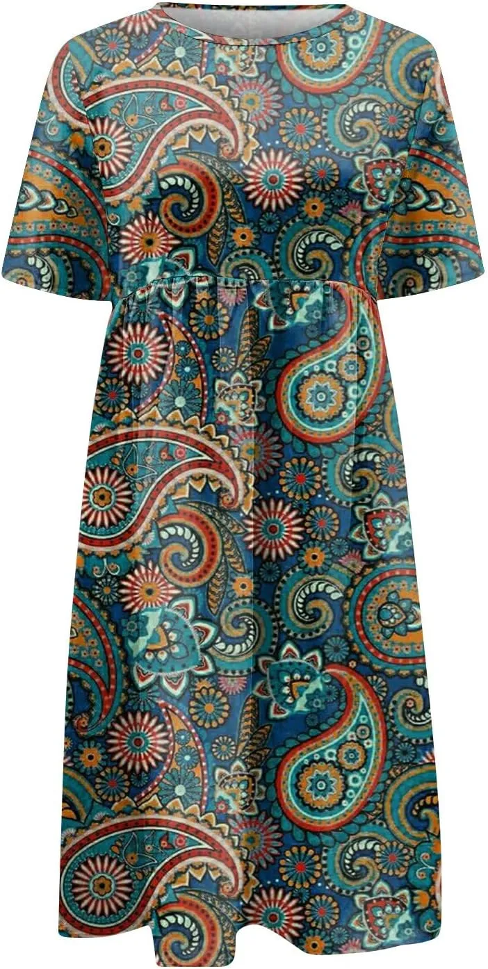 Segaven Dresses for Women 2024 Printed Round Neck Long Dresses Pocket Pleated Dresses Short Sleeve Casual Maxi Dress