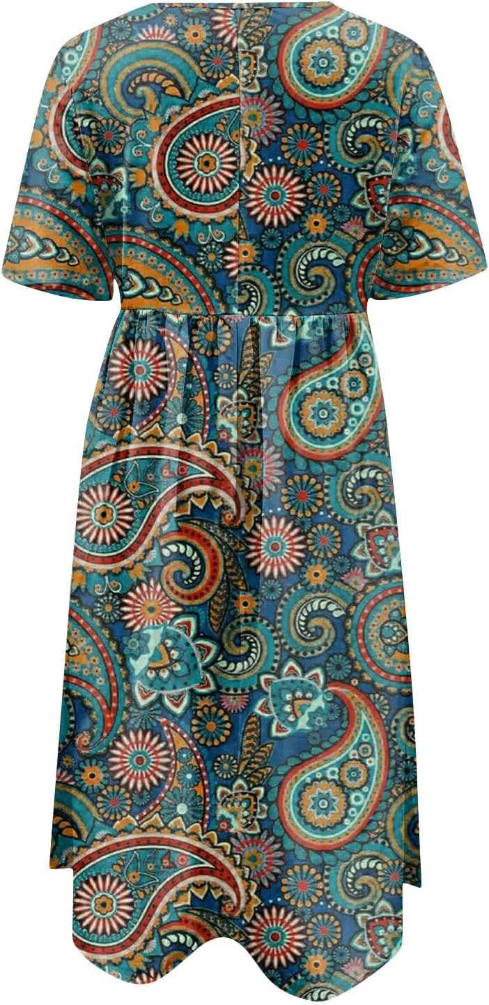 Segaven Dresses for Women 2024 Printed Round Neck Long Dresses Pocket Pleated Dresses Short Sleeve Casual Maxi Dress