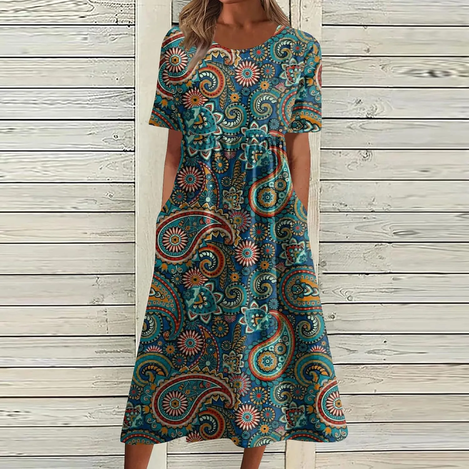 Segaven Dresses for Women 2024 Printed Round Neck Long Dresses Pocket Pleated Dresses Short Sleeve Casual Maxi Dress
