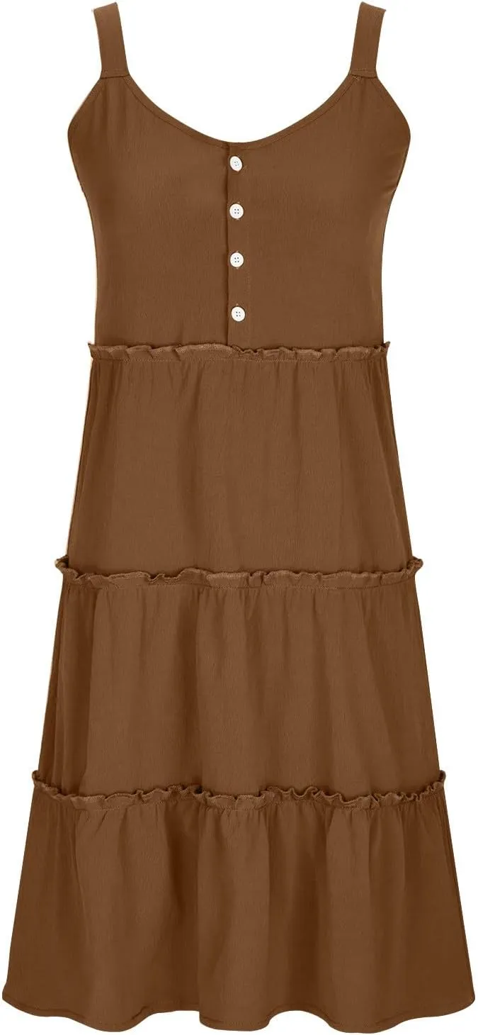 Short Dresses for Women 2024 Comfy Lounge Button Down Tiered Mini Dresses Loose Fit Solid Color Sleeveless Dresses