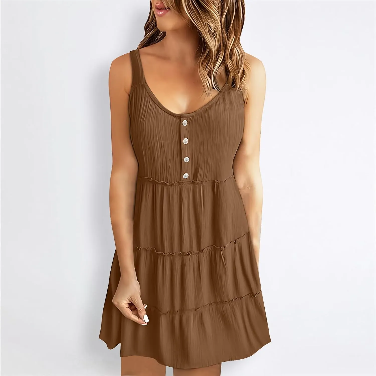Short Dresses for Women 2024 Comfy Lounge Button Down Tiered Mini Dresses Loose Fit Solid Color Sleeveless Dresses