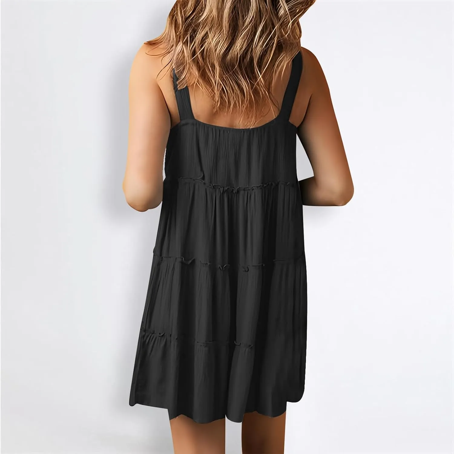 Short Dresses for Women 2024 Comfy Lounge Button Down Tiered Mini Dresses Loose Fit Solid Color Sleeveless Dresses