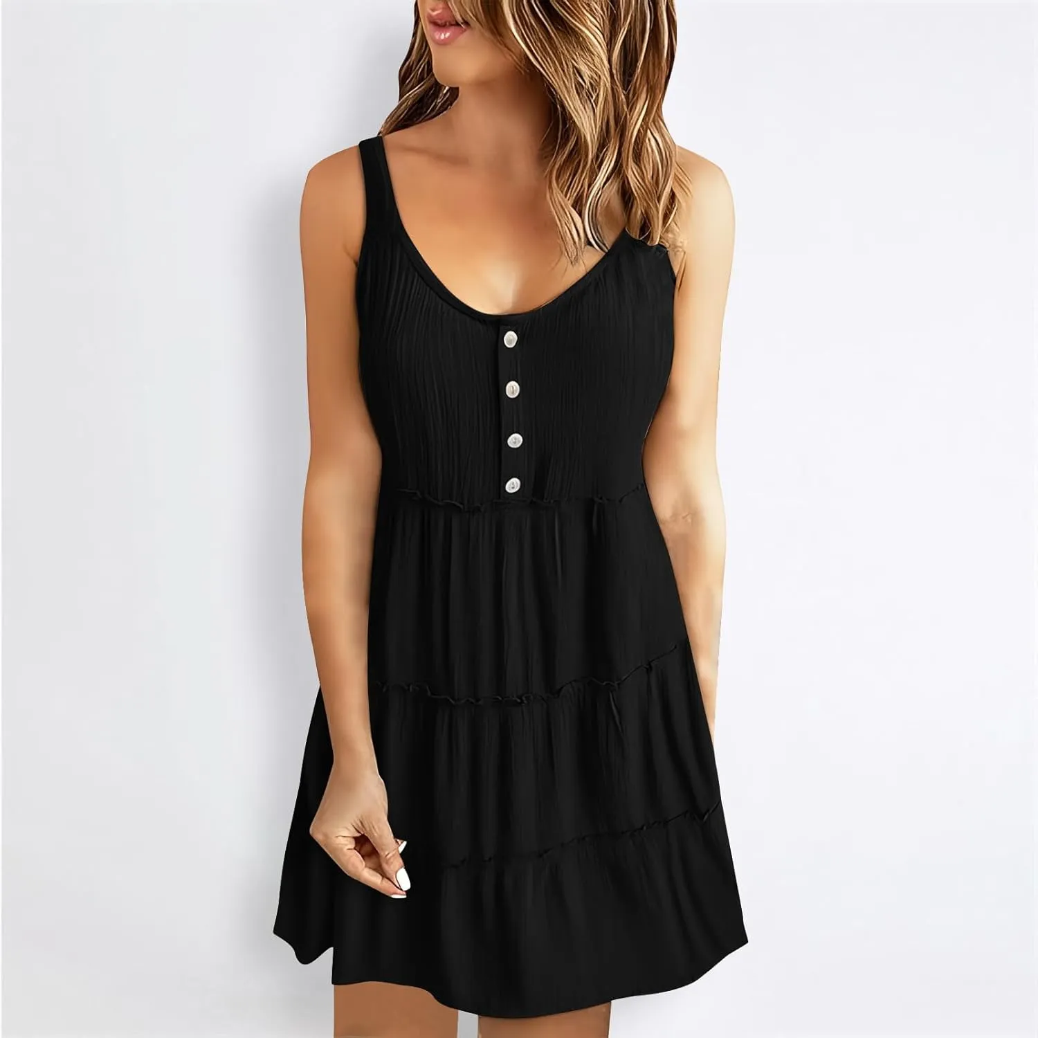Short Dresses for Women 2024 Comfy Lounge Button Down Tiered Mini Dresses Loose Fit Solid Color Sleeveless Dresses