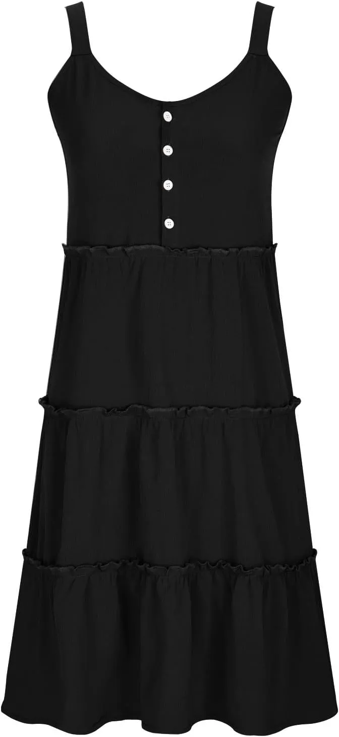 Short Dresses for Women 2024 Comfy Lounge Button Down Tiered Mini Dresses Loose Fit Solid Color Sleeveless Dresses