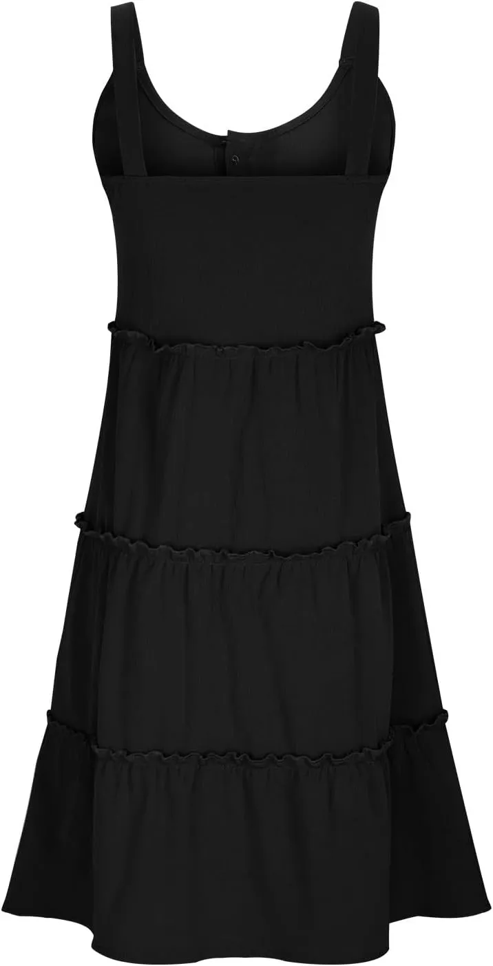 Short Dresses for Women 2024 Comfy Lounge Button Down Tiered Mini Dresses Loose Fit Solid Color Sleeveless Dresses