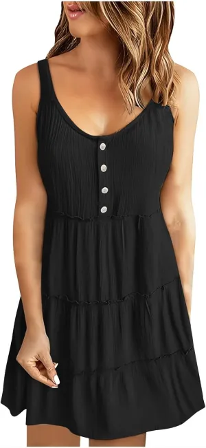 Short Dresses for Women 2024 Comfy Lounge Button Down Tiered Mini Dresses Loose Fit Solid Color Sleeveless Dresses
