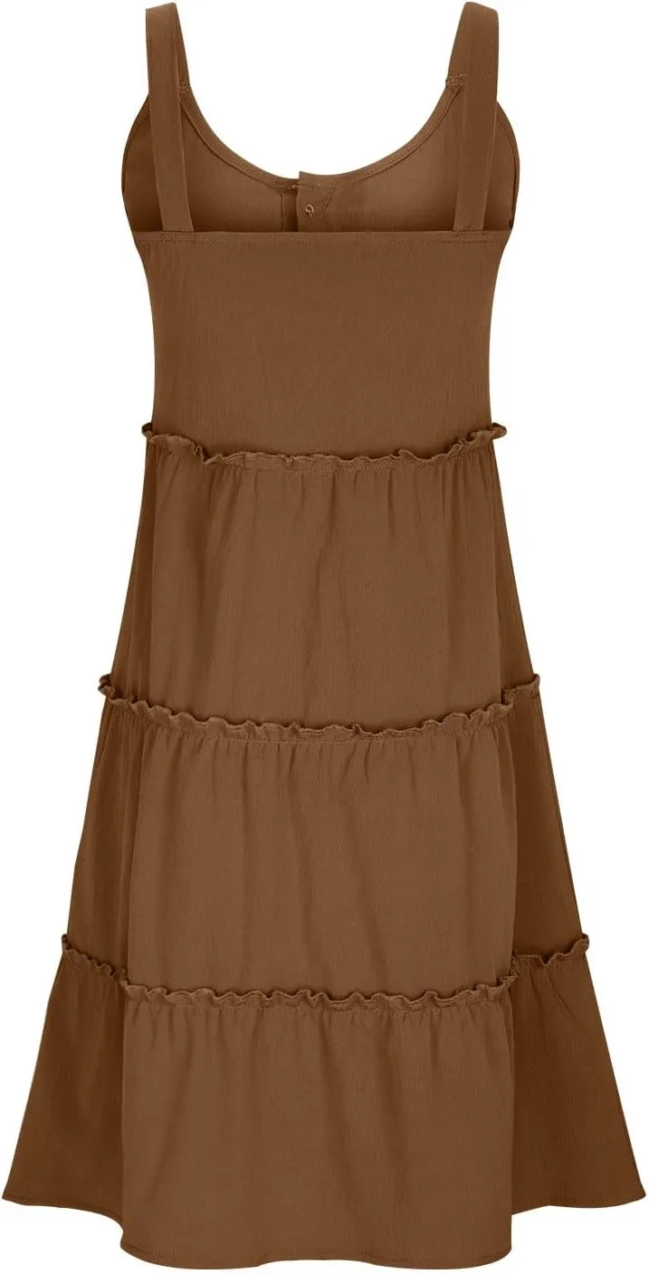 Short Dresses for Women 2024 Comfy Lounge Button Down Tiered Mini Dresses Loose Fit Solid Color Sleeveless Dresses