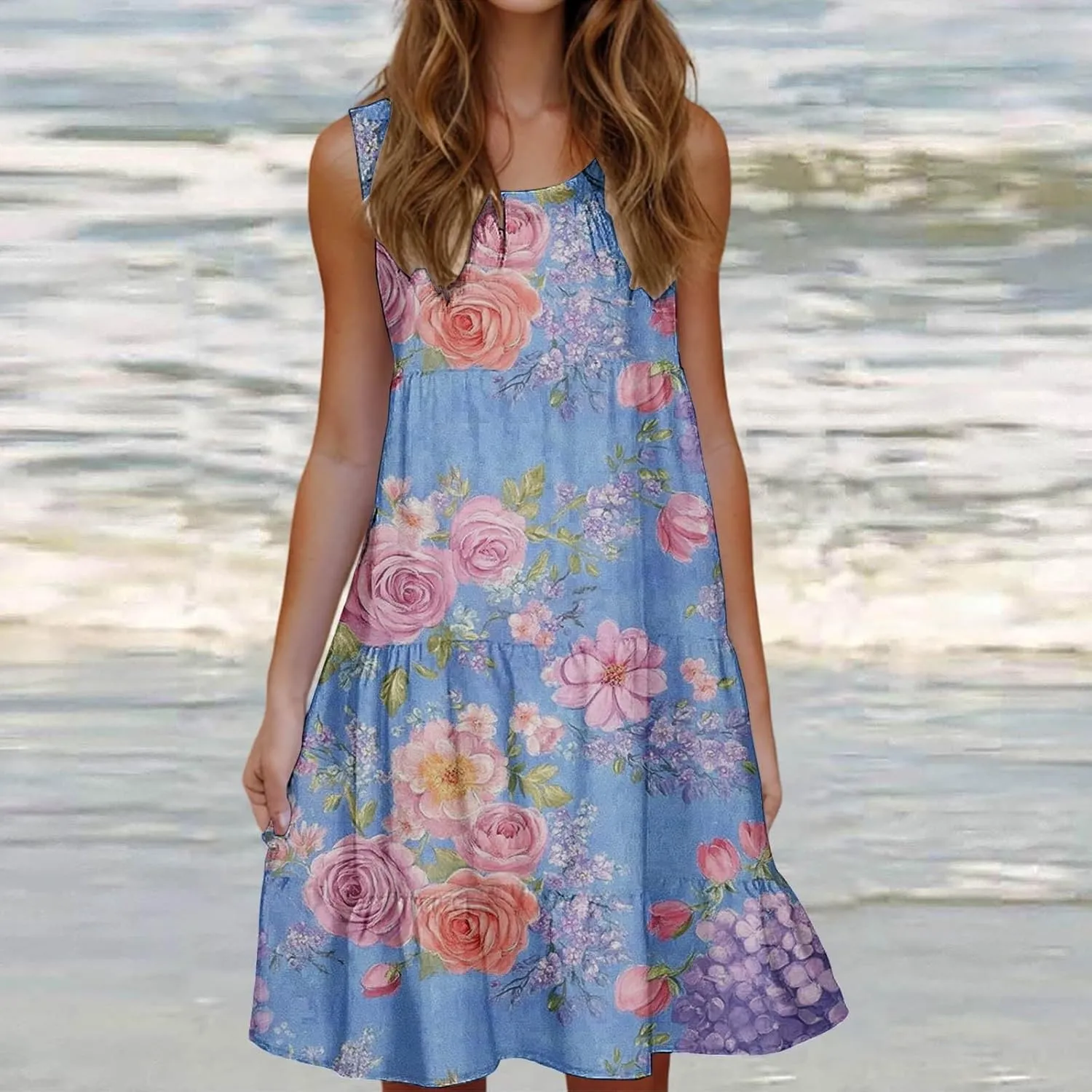 Sleeveless Beach Dresses for Women Loose Swimsuit Cover Ups Vacation Dresses Floral Swing Mini Dress Casual Dresses