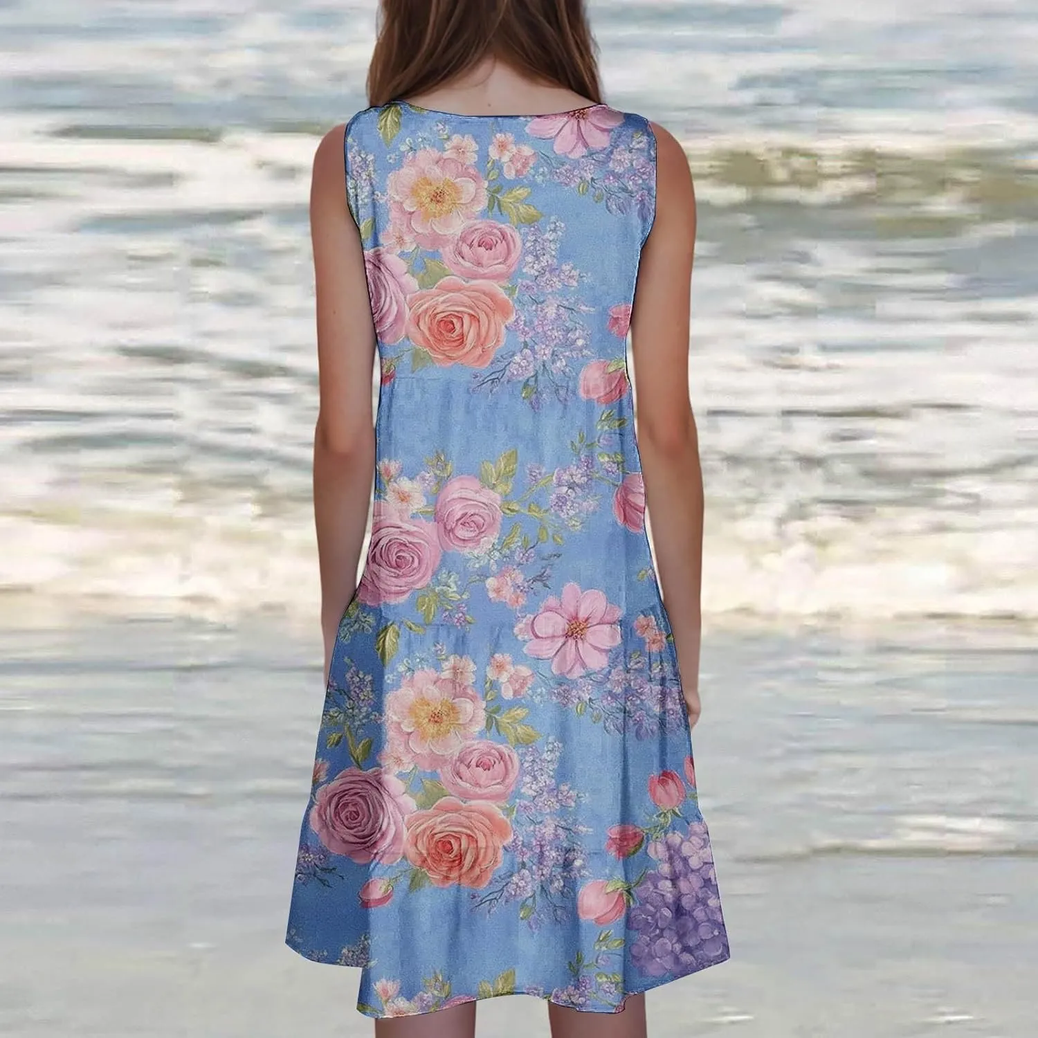 Sleeveless Beach Dresses for Women Loose Swimsuit Cover Ups Vacation Dresses Floral Swing Mini Dress Casual Dresses