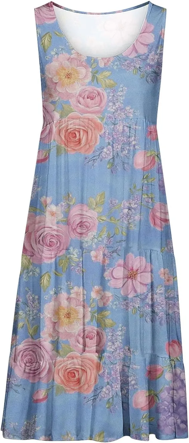 Sleeveless Beach Dresses for Women Loose Swimsuit Cover Ups Vacation Dresses Floral Swing Mini Dress Casual Dresses